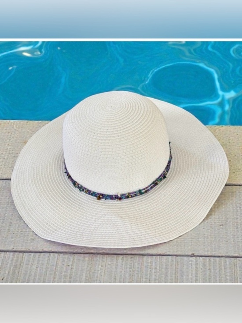 White Wide-Brim Straw Sun Hat with Multicolor Beaded Trim